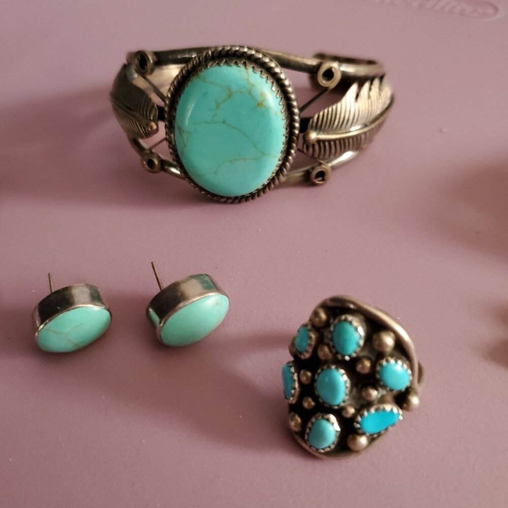 Gorgeous Vintage Western Sterling Silver / Turquoise Jewelry Set